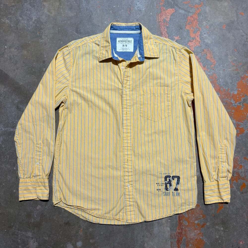 Y2K Aeropostale Surf Team Yellow Striped Long Sleeve Button Up Shirt